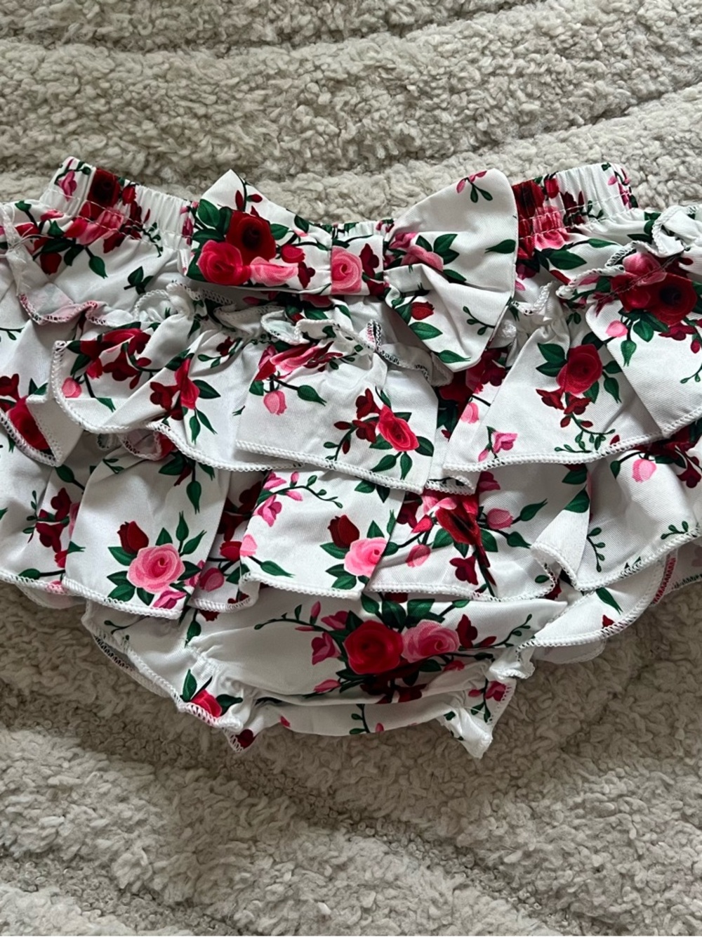 Floral Ruffle Baby Bloomers with Bow - White, Pink & Red